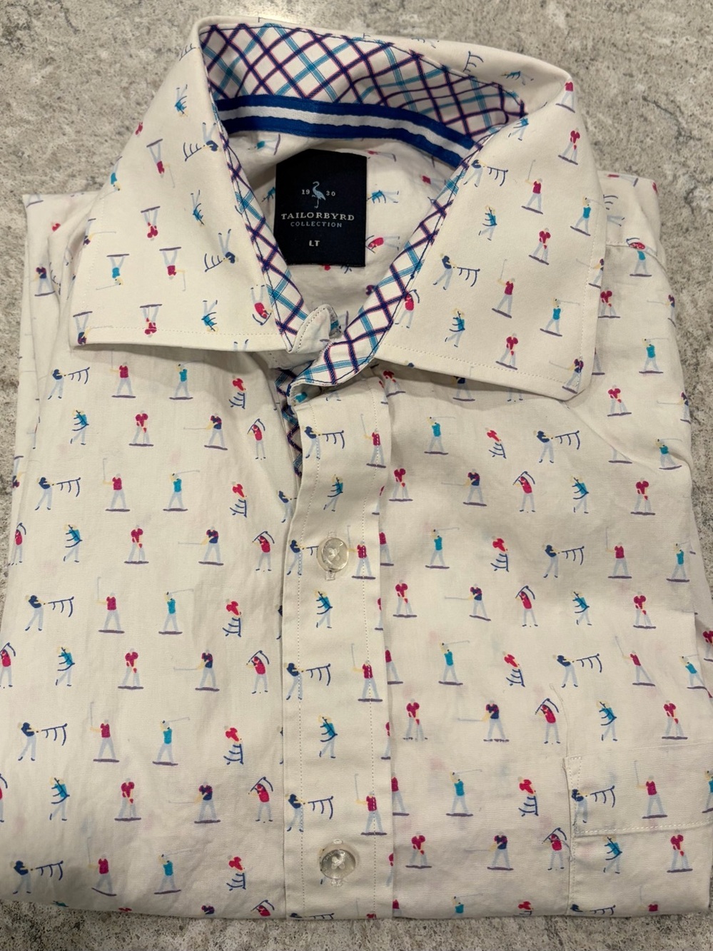 Tailorbyrd Men's Cream Button-Down Shirt with Colorful Golf Print-Large Tall